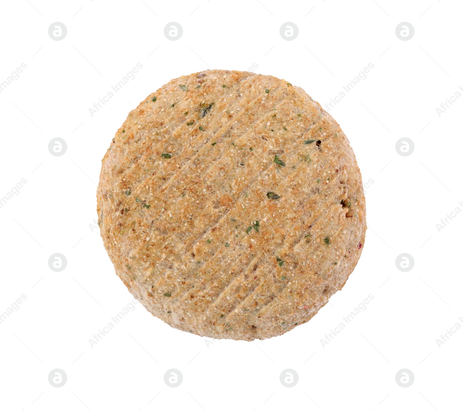 Photo of One raw vegan cutlet with breadcrumbs isolated on white, top view