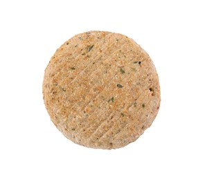 Photo of One raw vegan cutlet with breadcrumbs isolated on white, top view