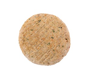 One raw vegan cutlet with breadcrumbs isolated on white, top view