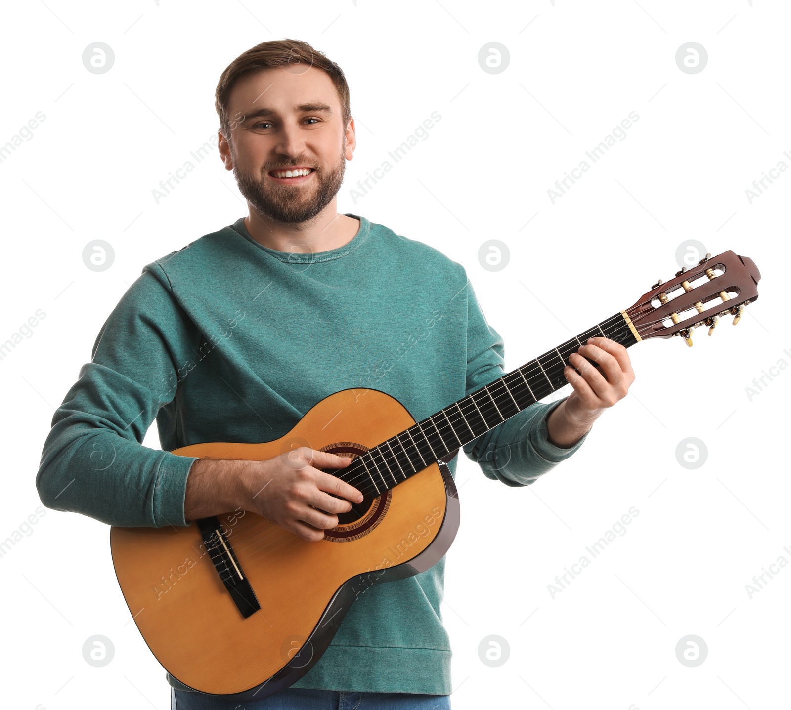 Photo of Music teacher playing guitar on white background