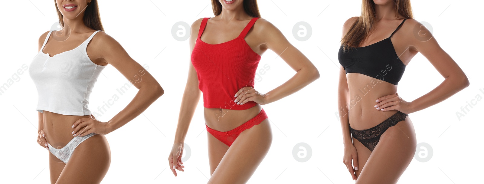 Image of Collage with photos of women wearing panties and tops on white background. Banner design