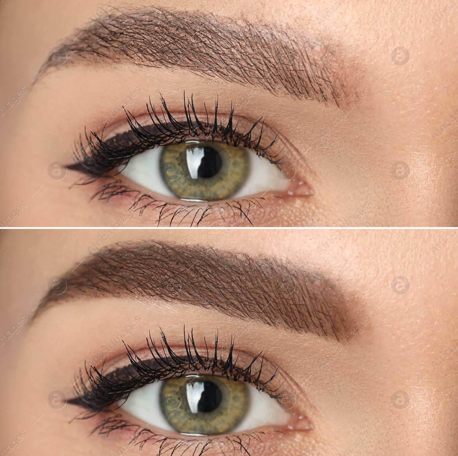 Image of Collage with photos of young woman before and after permanent makeup procedure, closeup