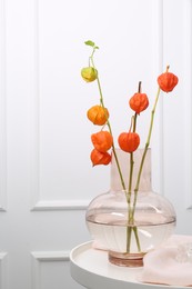 Decorative physalis branches in glass vase on white table indoors
