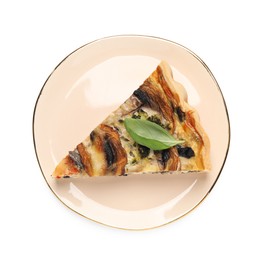 Photo of Piece of delicious quiche with mushrooms isolated on white, top view