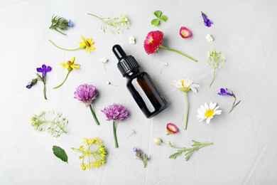 Bottle of essential oil and different flowers on grey background, flat lay