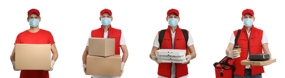 Image of Collage with photos of courier in protective mask holding orders and boxes on white background, banner design. Delivery service during coronavirus quarantine