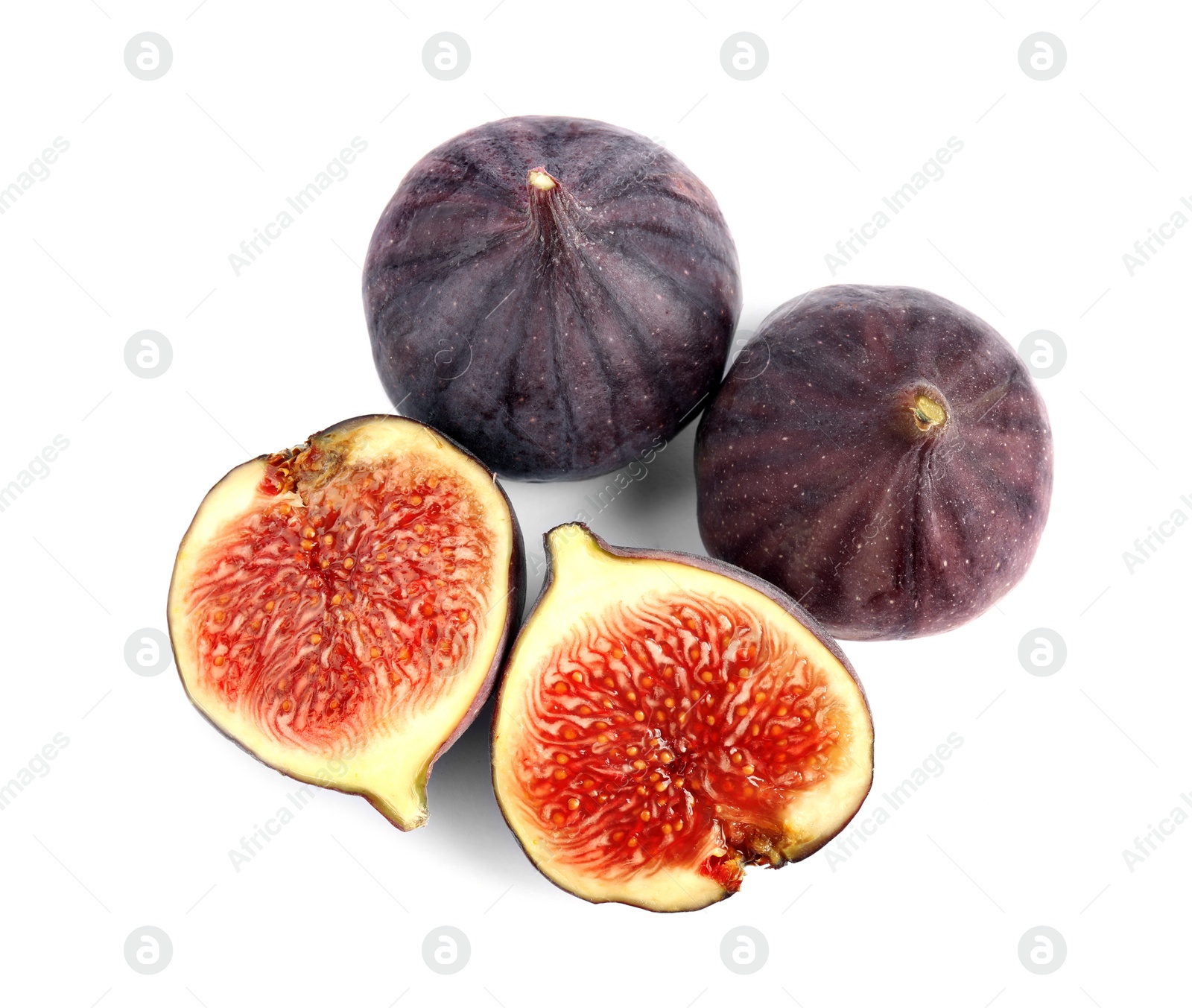 Photo of Tasty fresh fig fruits on white background, top view