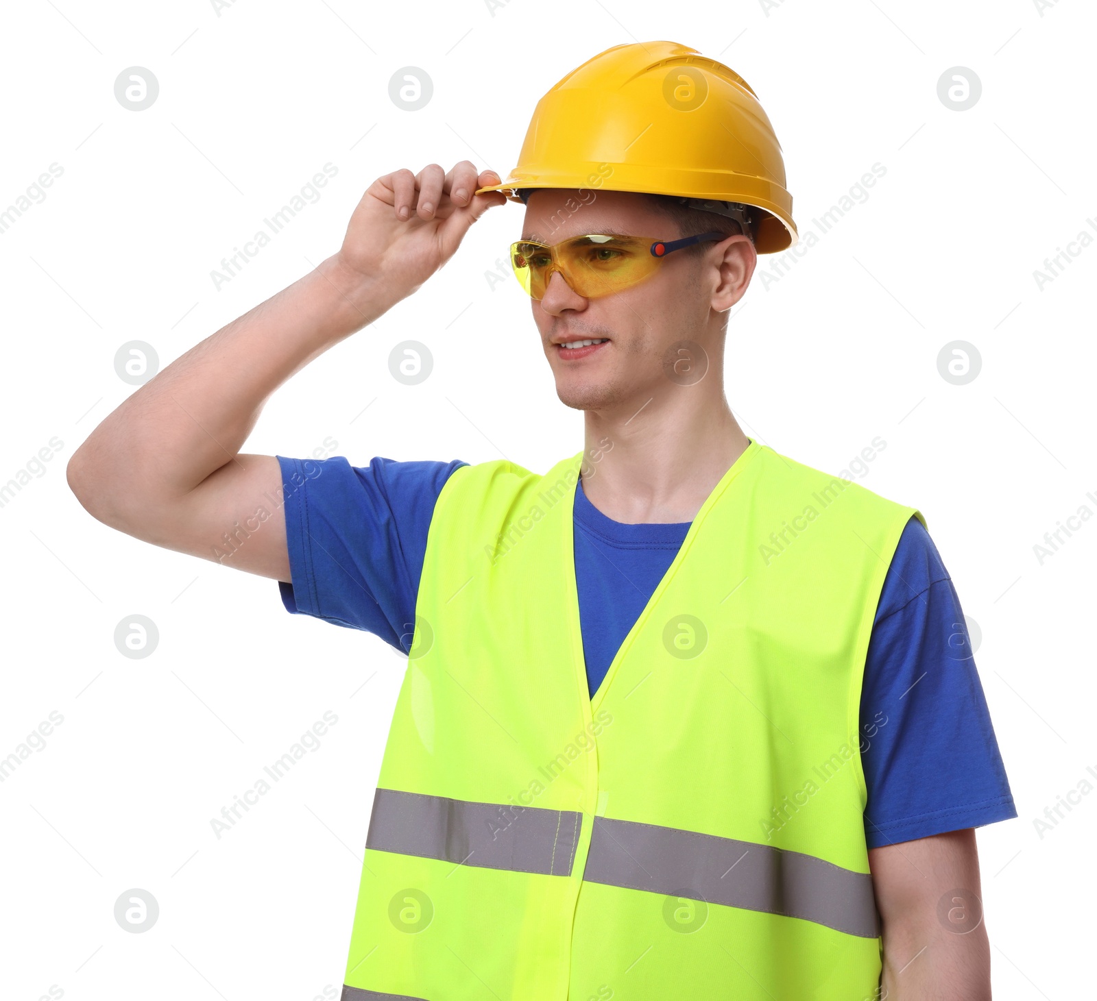 Photo of Young man wearing safety equipment on white background