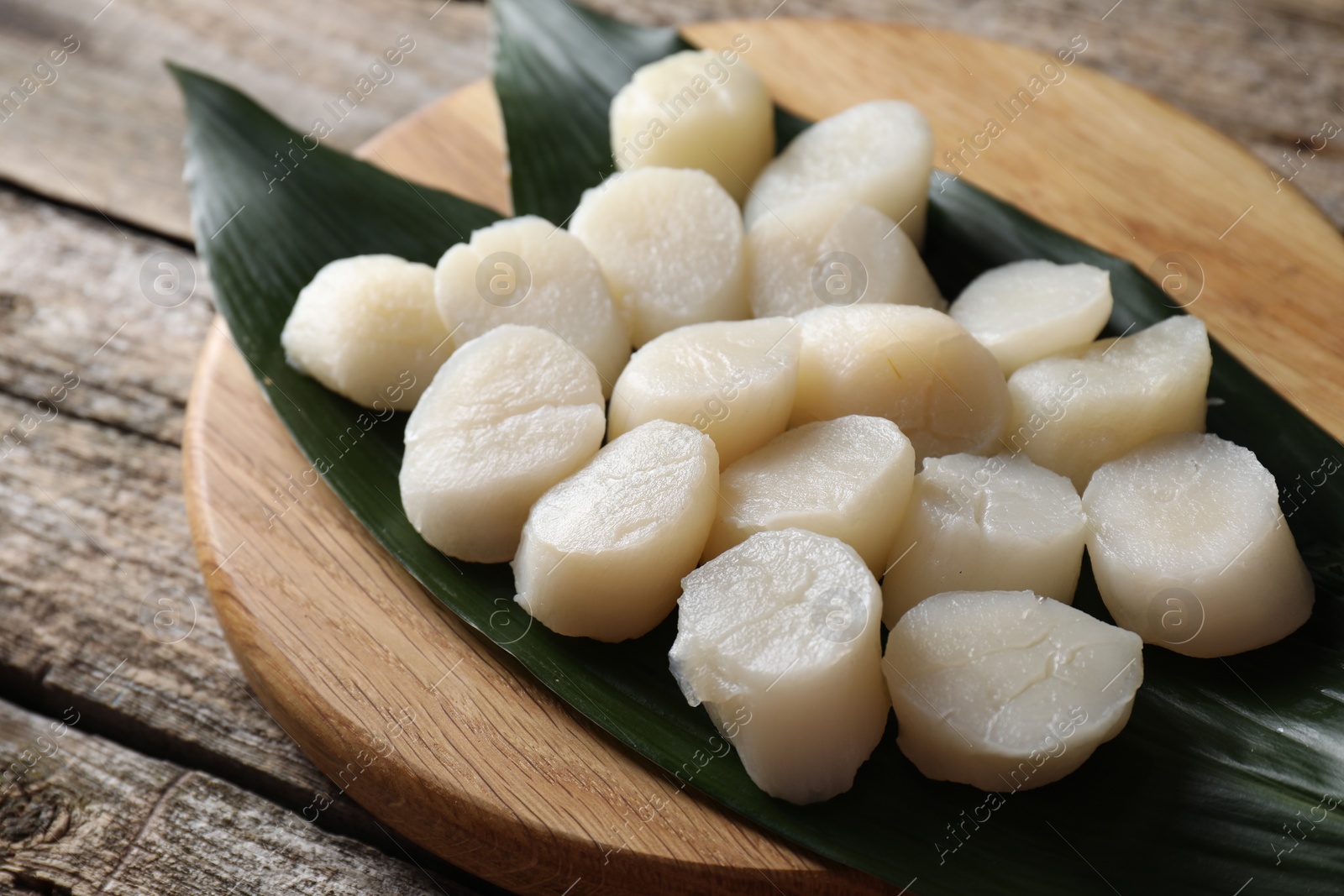 Photo of Fresh raw scallops on wooden table, closeup