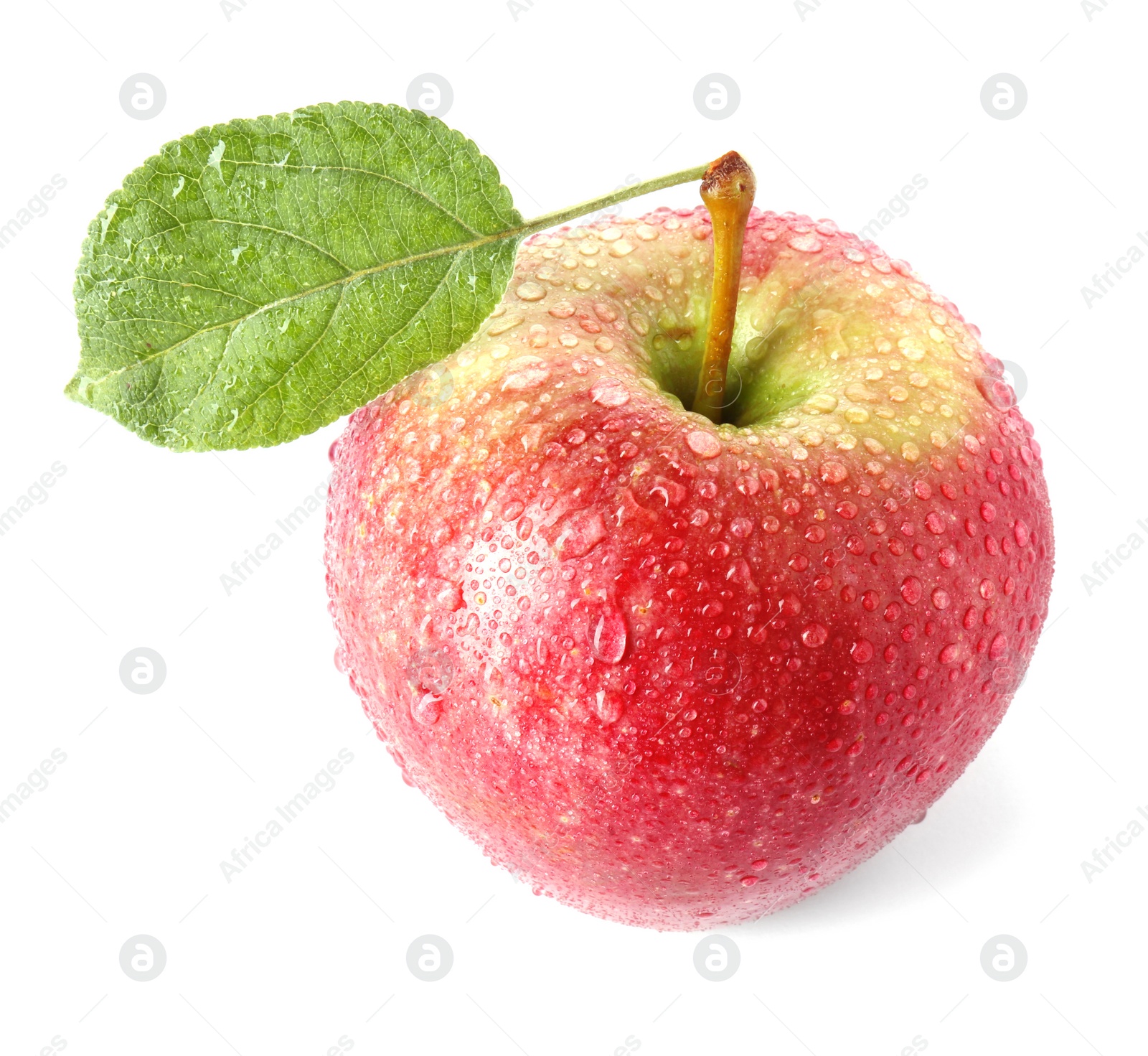 Photo of Wet ripe red apple with leaf isolated on white
