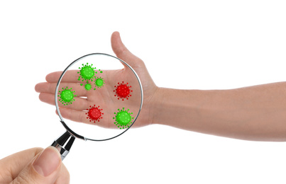 Image of Woman detecting bacteria with magnifying glass on white background, closeup. Prevention disease