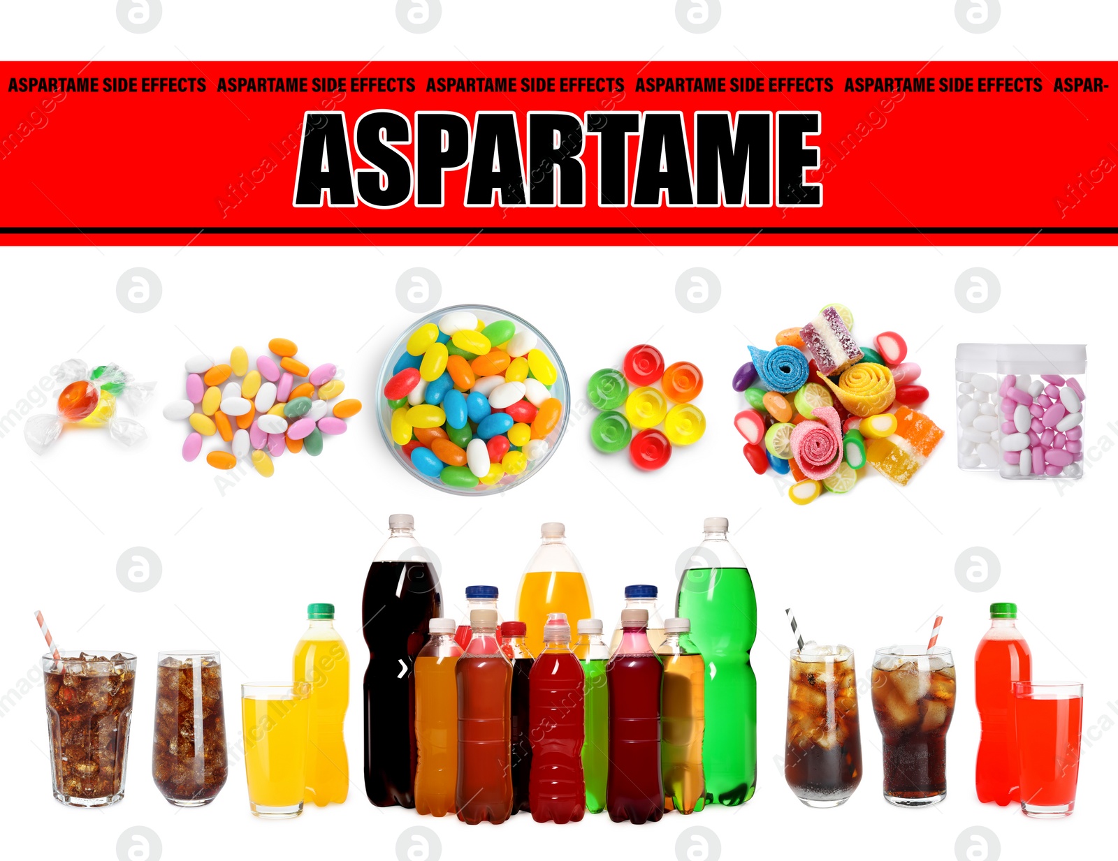 Image of Aspartame hazard. Different soda drinks and candies containing sugar substitute on white background
