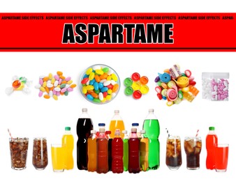 Image of Aspartame hazard. Different soda drinks and candies containing sugar substitute on white background