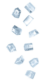 Image of Crystal ice cubes falling on white background