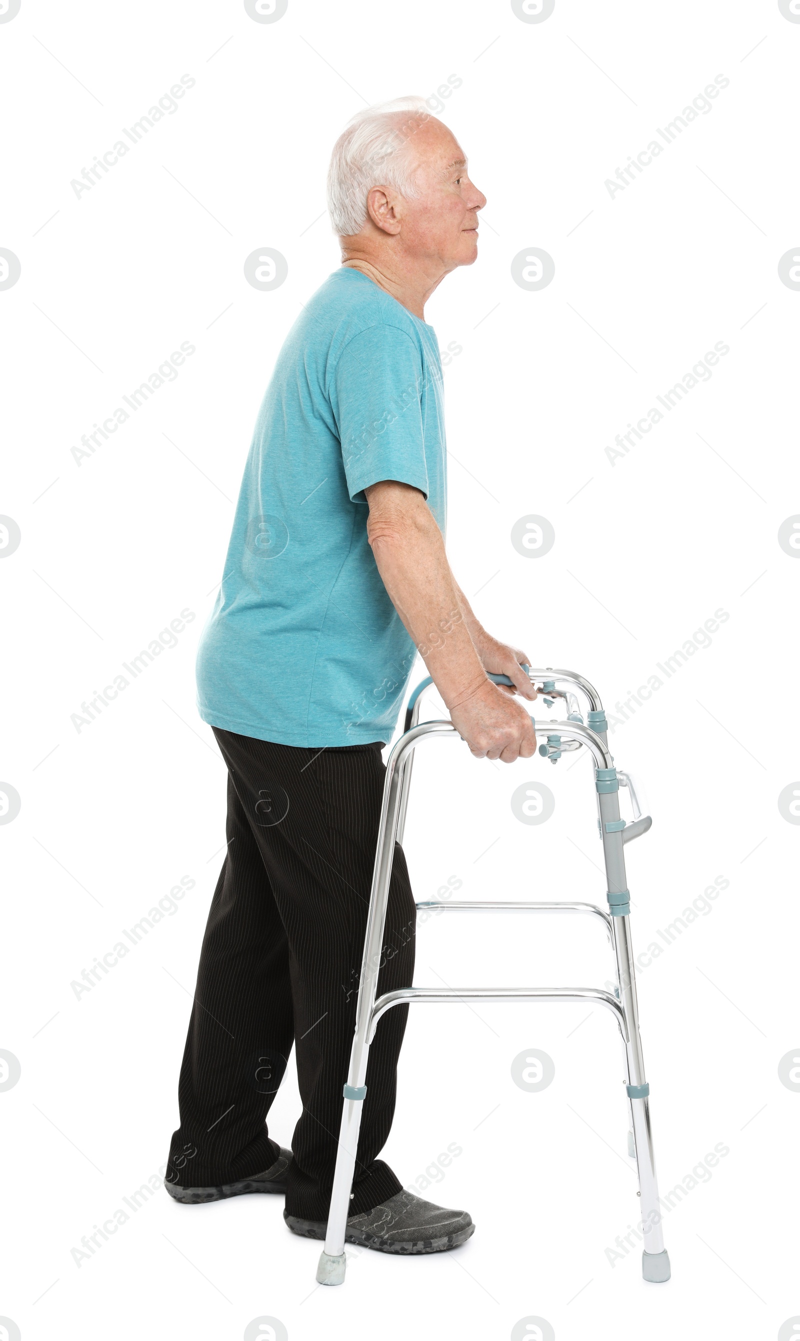 Photo of Full length portrait of elderly man using walking frame isolated on white