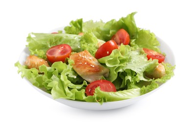 Photo of Delicious salad with chicken and cherry tomato in bowl isolated on white