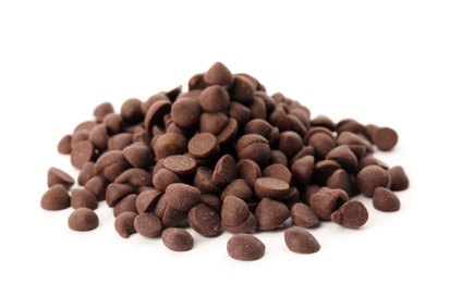 Photo of Pile of delicious dark chocolate chips on white background