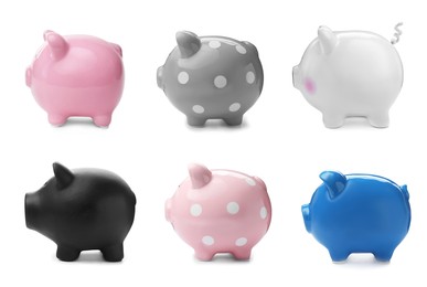 Image of Set with different piggy banks on white background. Money saving