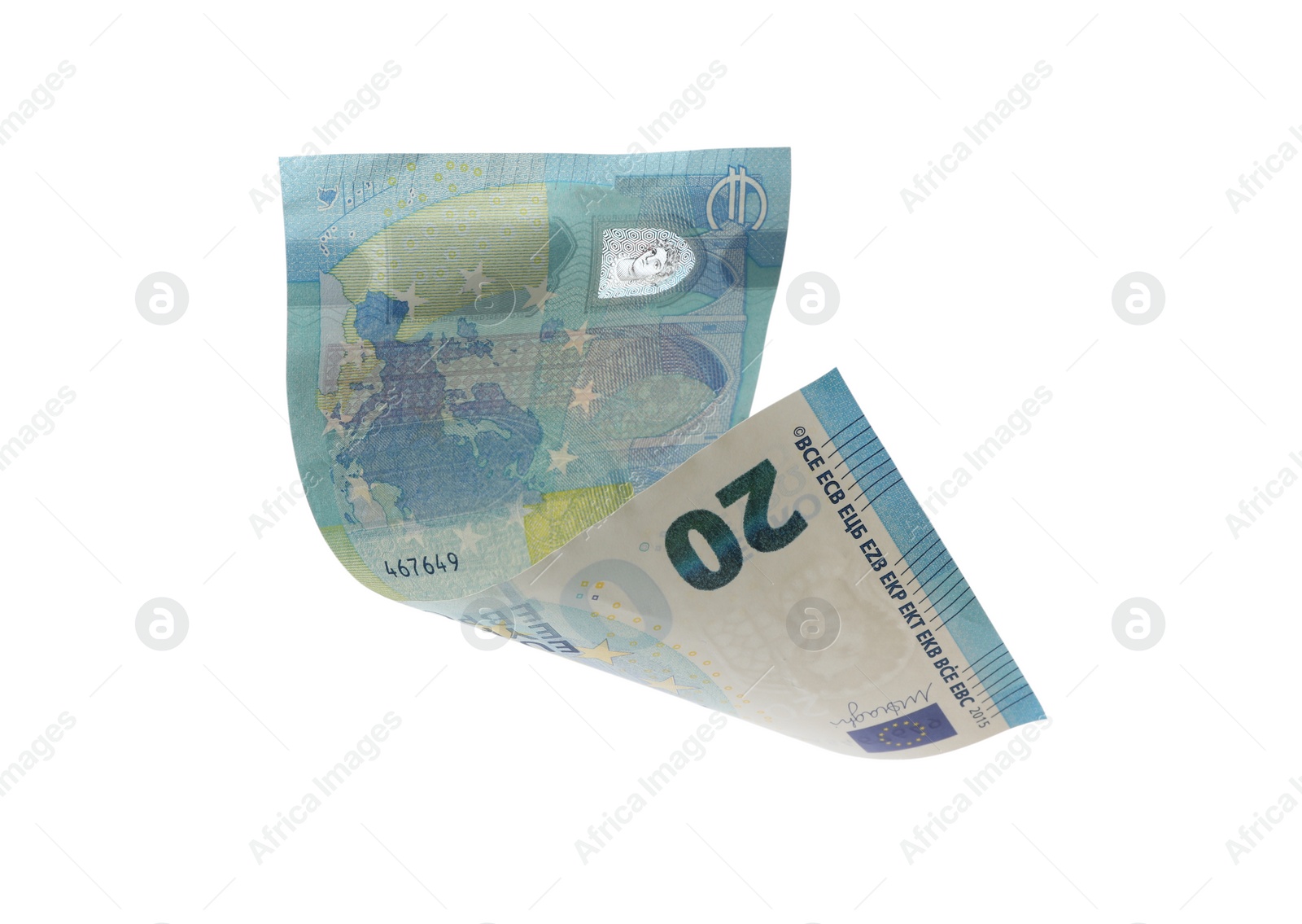 Image of 20 Euro banknote flying on white background