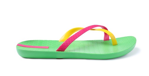 Photo of Single green flip flop isolated on white. Beach object