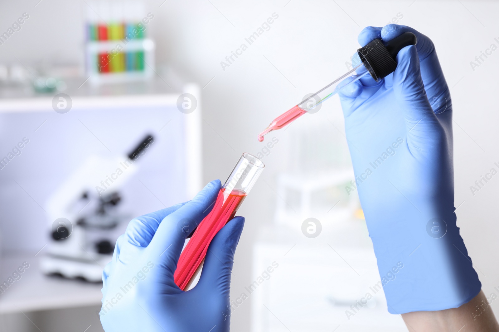 Photo of Assistant dripping sample into test tube at chemistry laboratory, closeup