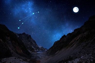 Image of Aries constellation in starry sky over mountains on full moon night