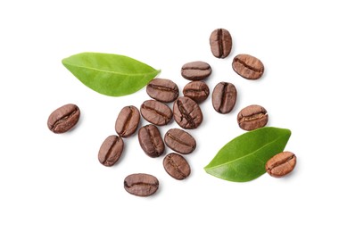 Photo of Roasted coffee beans and leaves isolated on white, top view