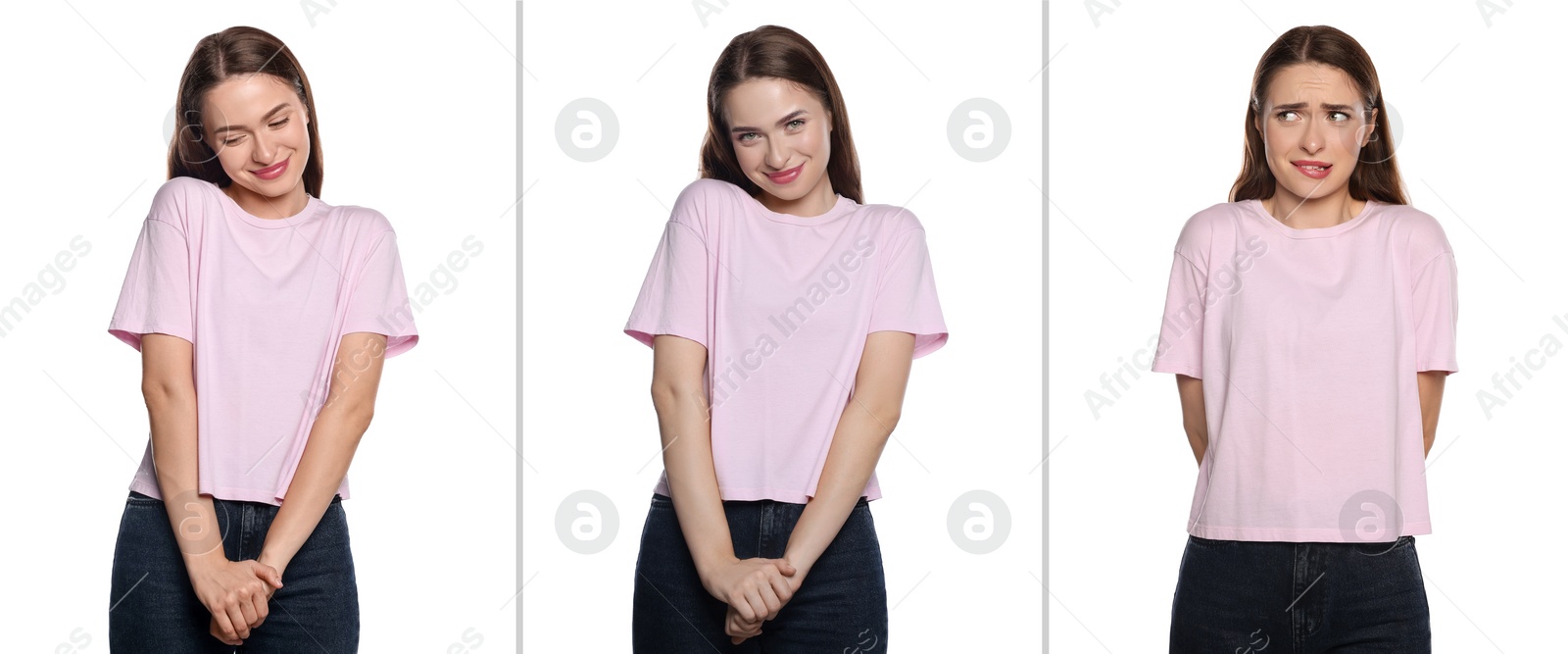 Image of Embarrassed woman on white background, set with photos