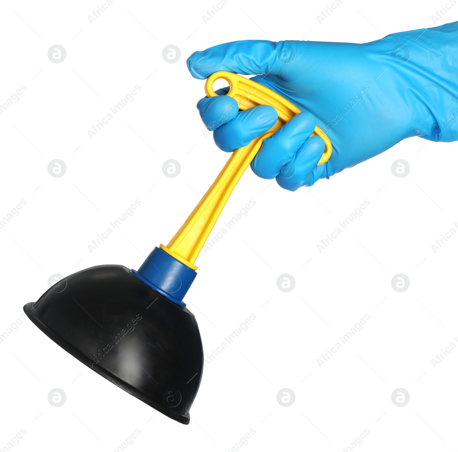 Photo of Woman holding plunger on white background, closeup. Toilet cleaning tool