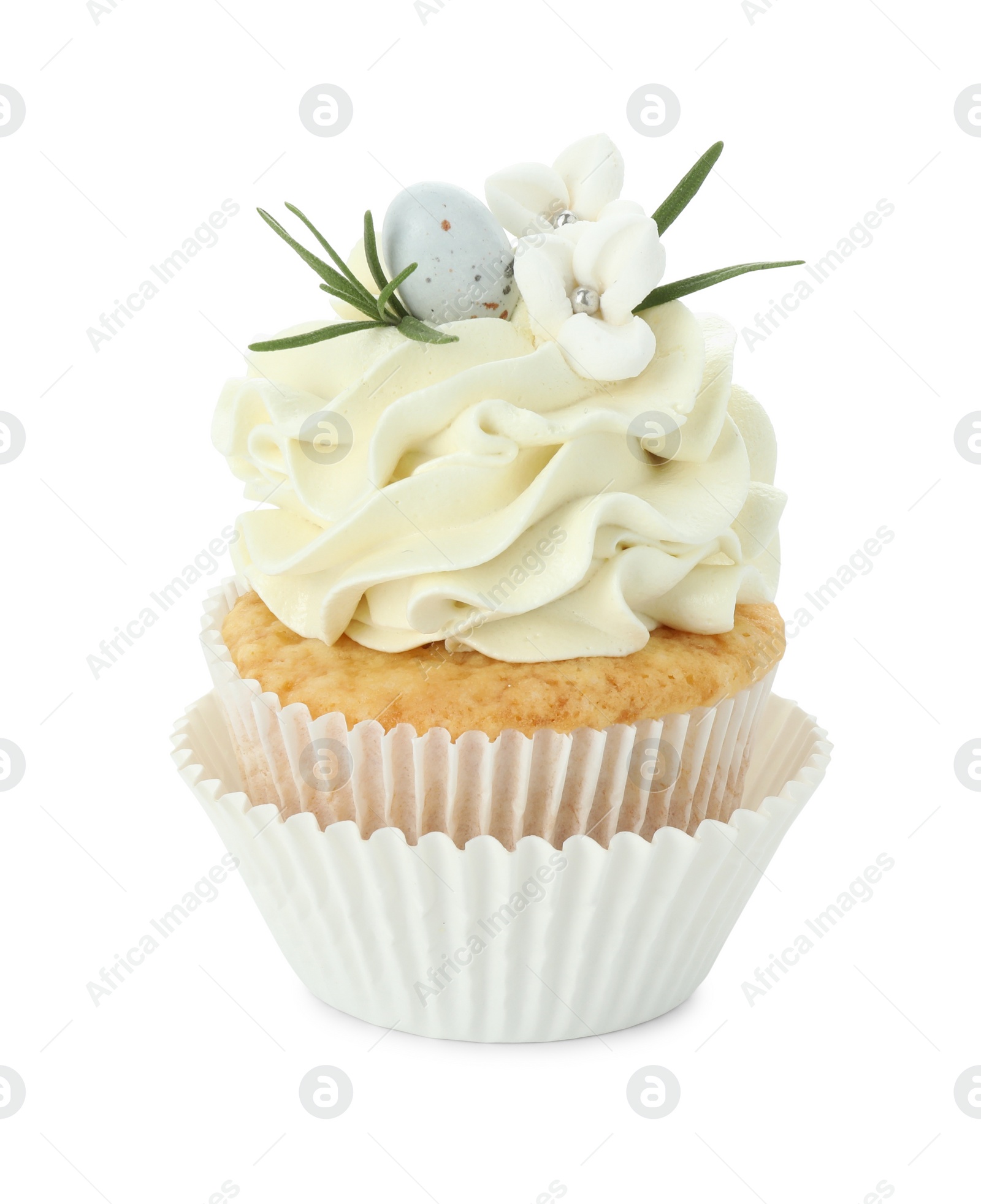 Photo of Tasty Easter cupcake with vanilla cream isolated on white