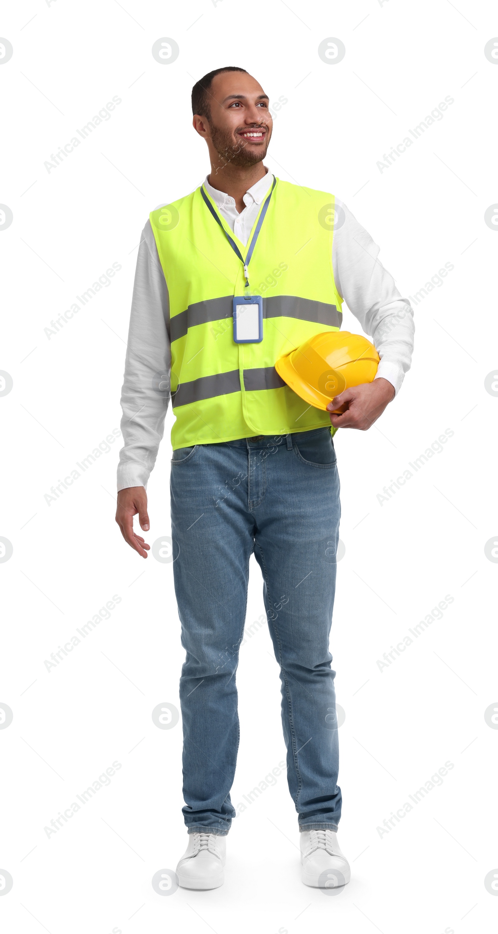 Photo of Engineer with hard hat and badge on white background