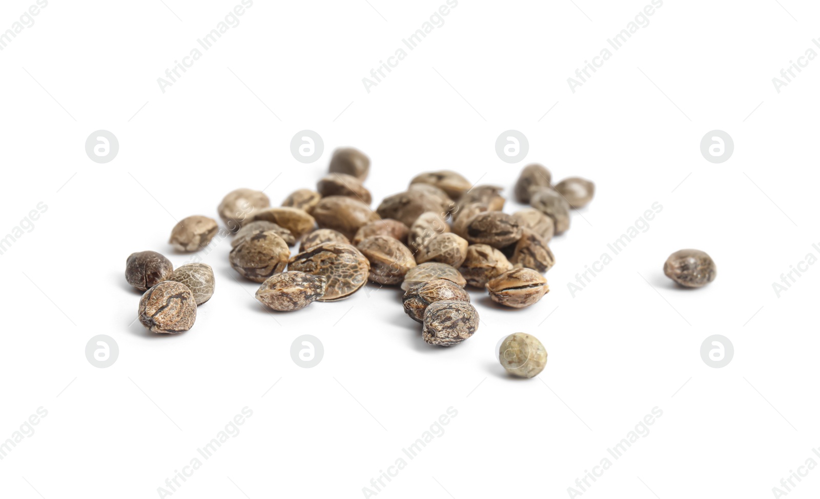 Photo of Raw organic hemp seeds on white background