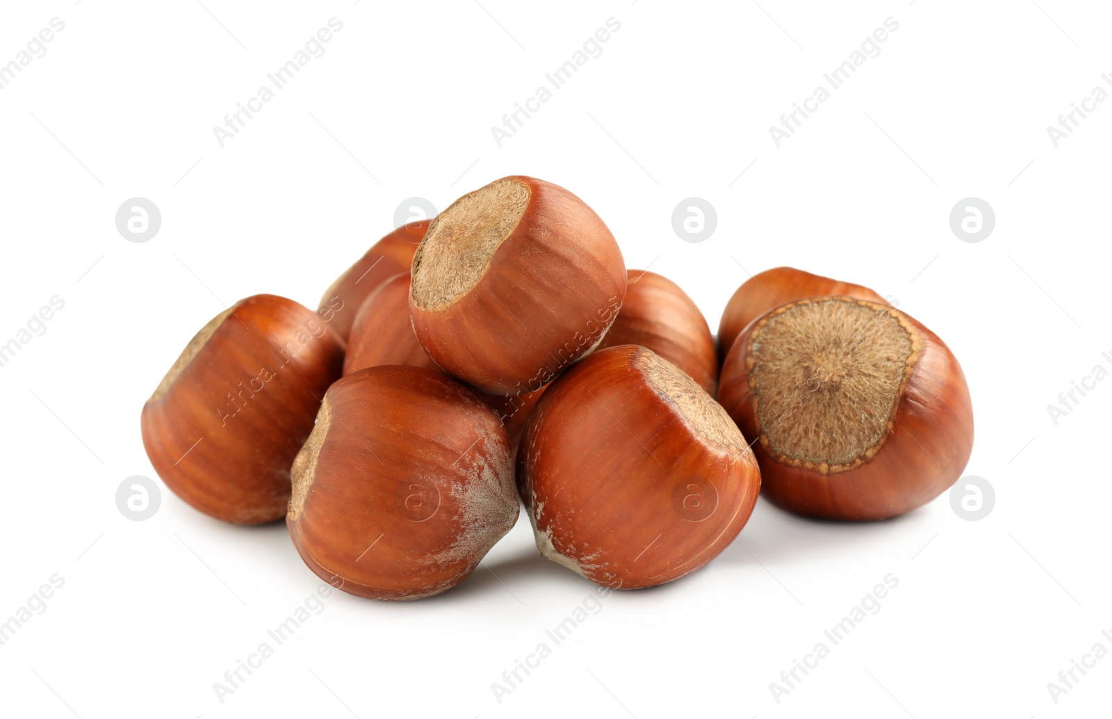 Photo of Tasty organic hazelnuts on white background. Healthy snack