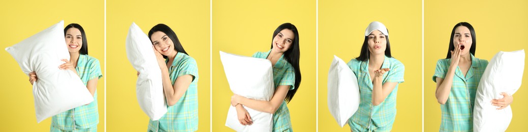 Image of Collage with photos of young woman holding soft pillows on yellow background. Banner design