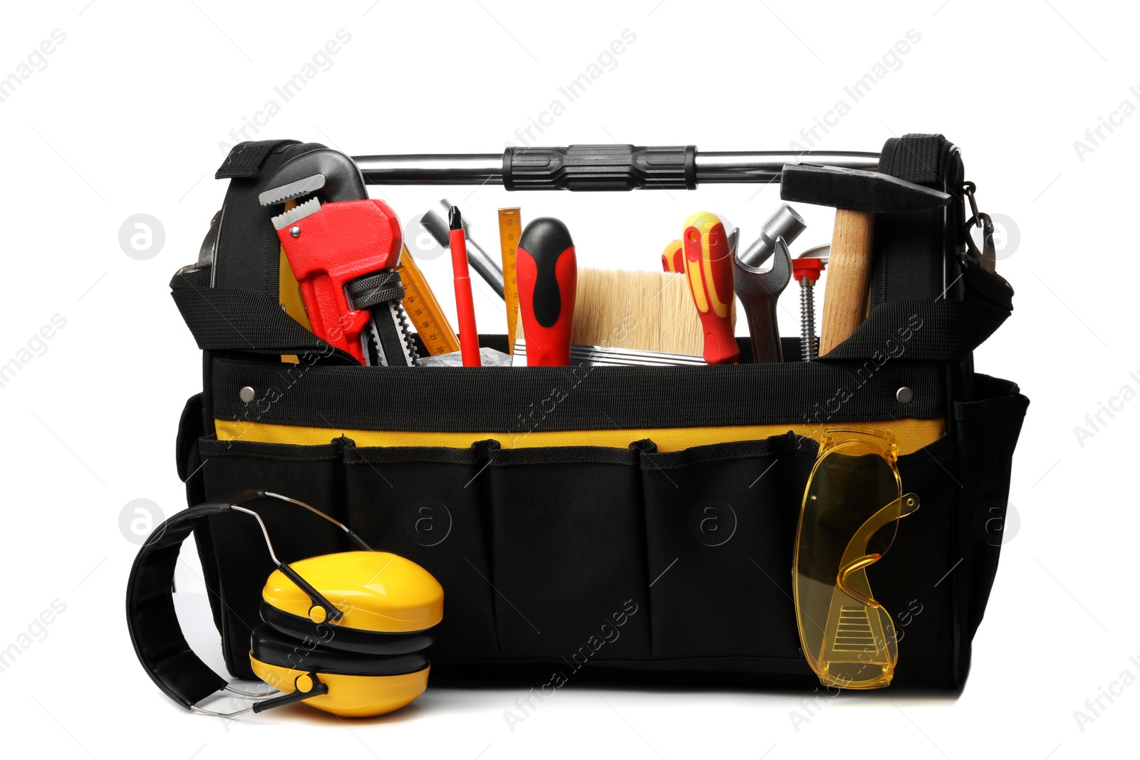 Photo of Bag with different construction tools isolated on white
