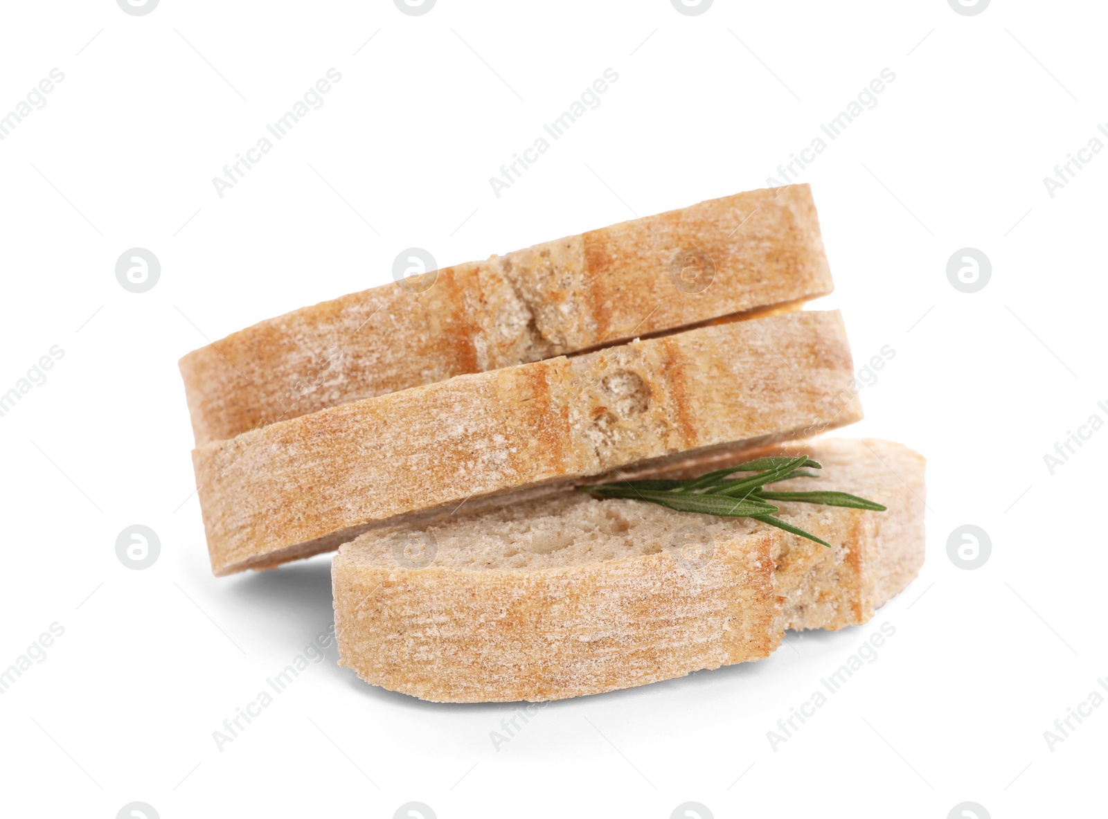 Photo of Cut ciabatta with rosemary on white background. Fresh bread