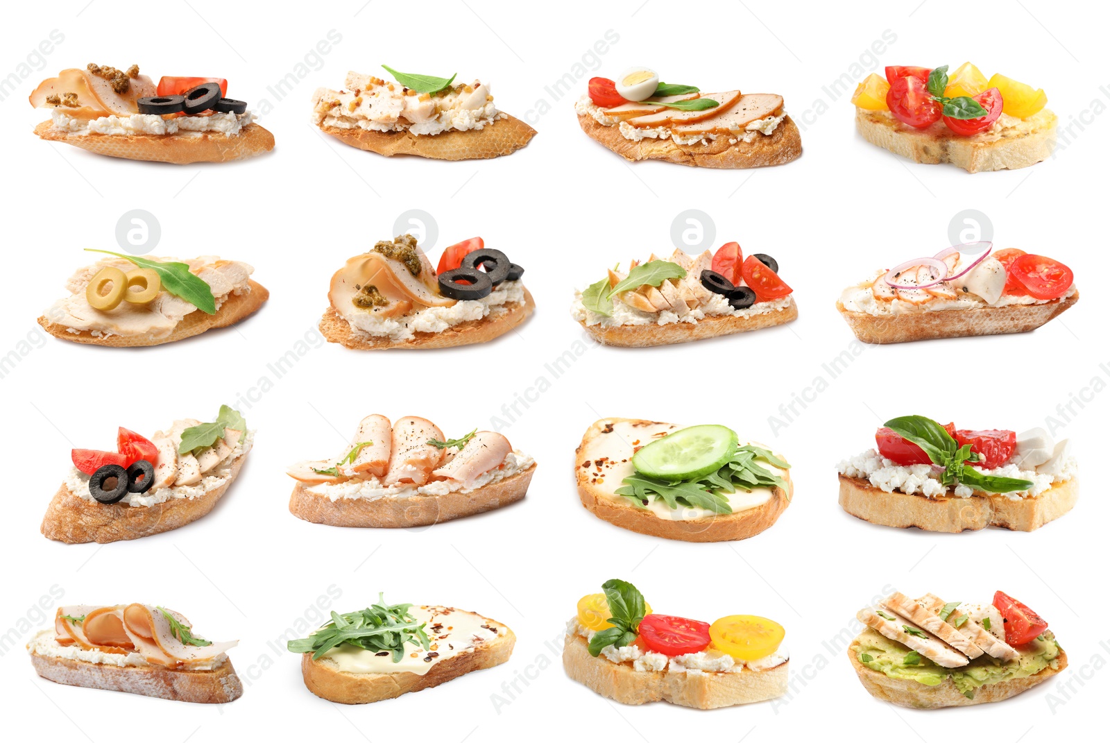 Image of Set of toasted bread with different toppings on white background