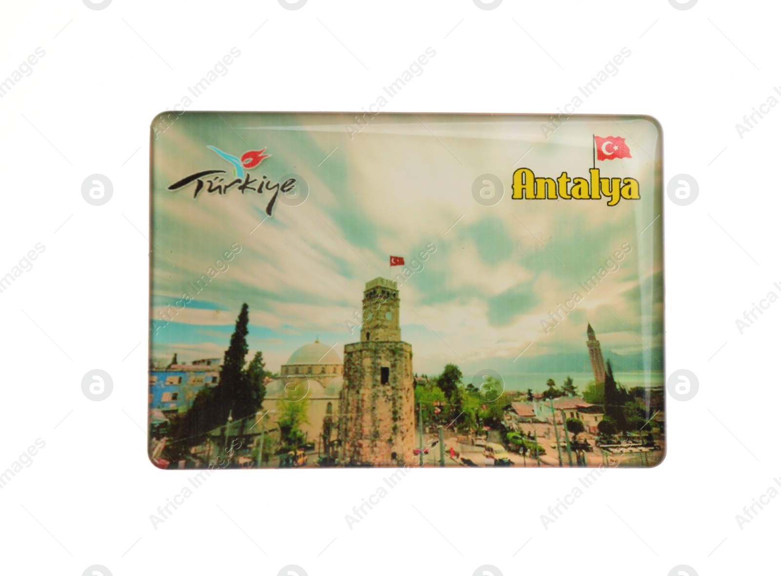 Photo of MYKOLAIV, UKRAINE - DECEMBER 24, 2018: Souvenir fridge magnet from Antalya, Turkey on white background