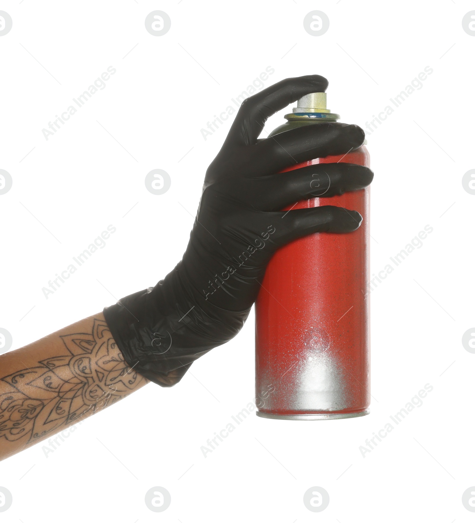 Photo of Woman holding used can of spray paint on white background, closeup