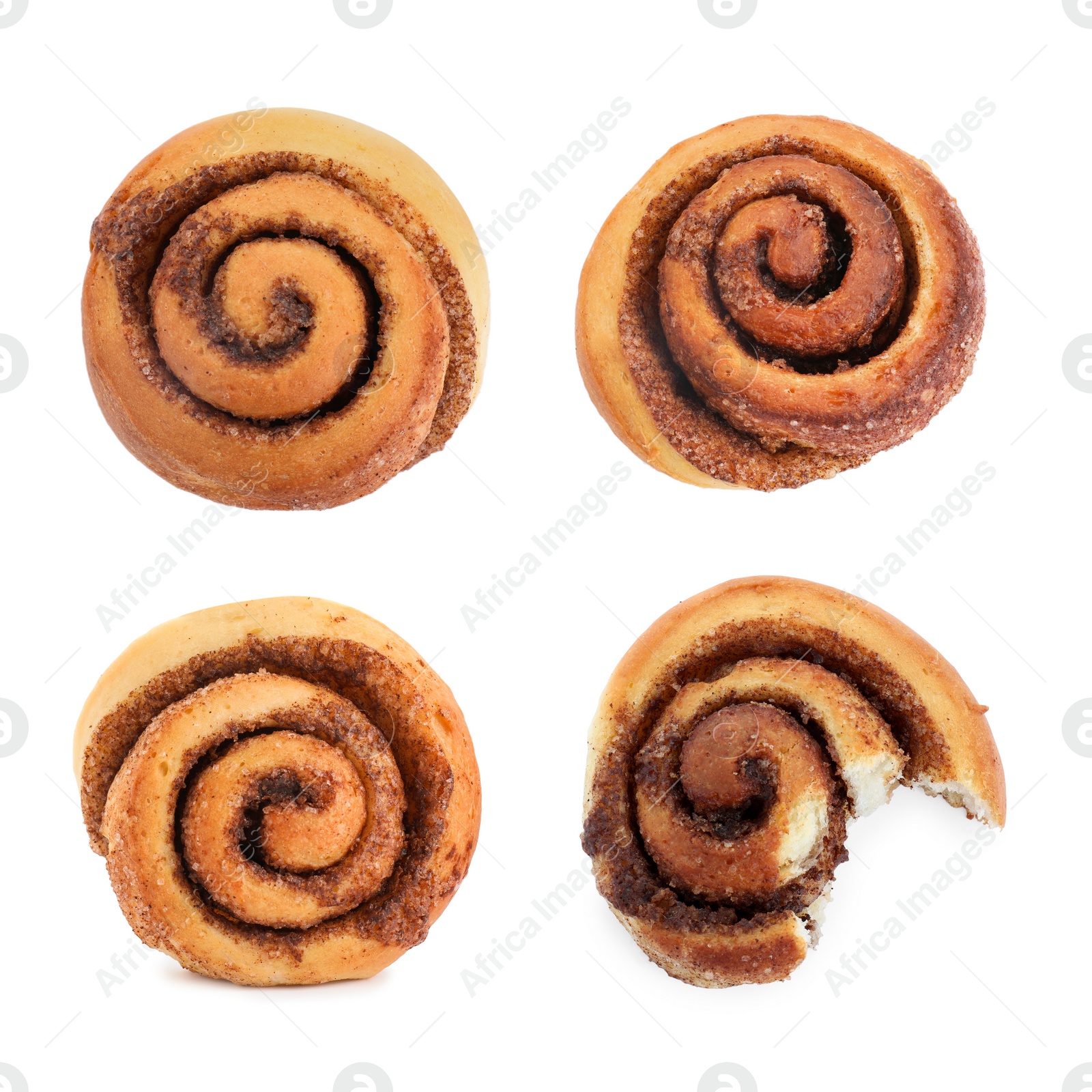 Image of Tasty cinnamon rolls isolated on white, set. Top view