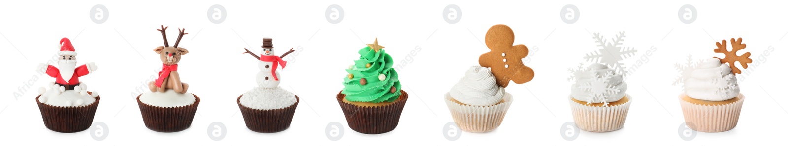 Image of Tasty cupcakes with Christmas decor on white background, collage. Banner design