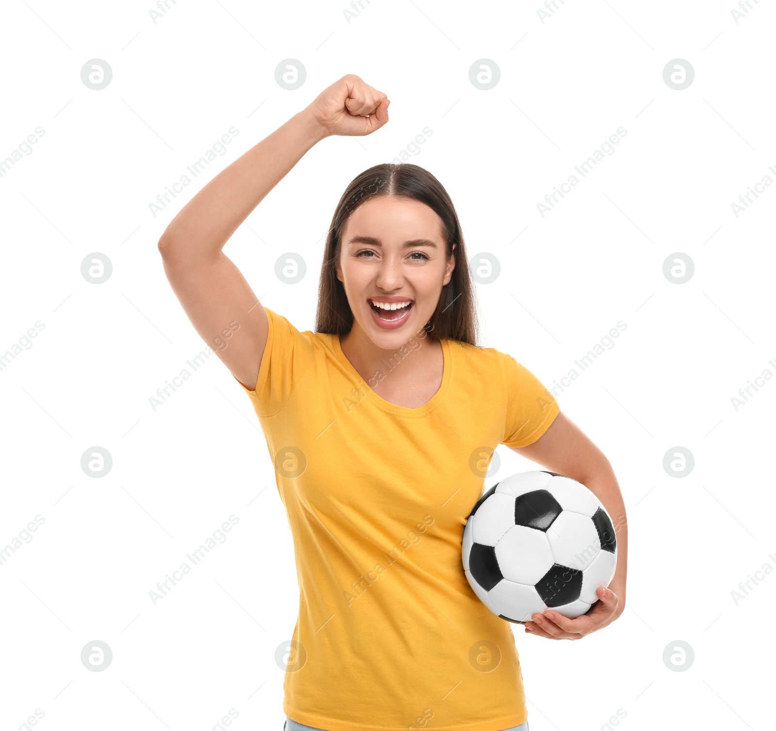 Photo of Happy fan holding soccer ball and celebrating isolated on white