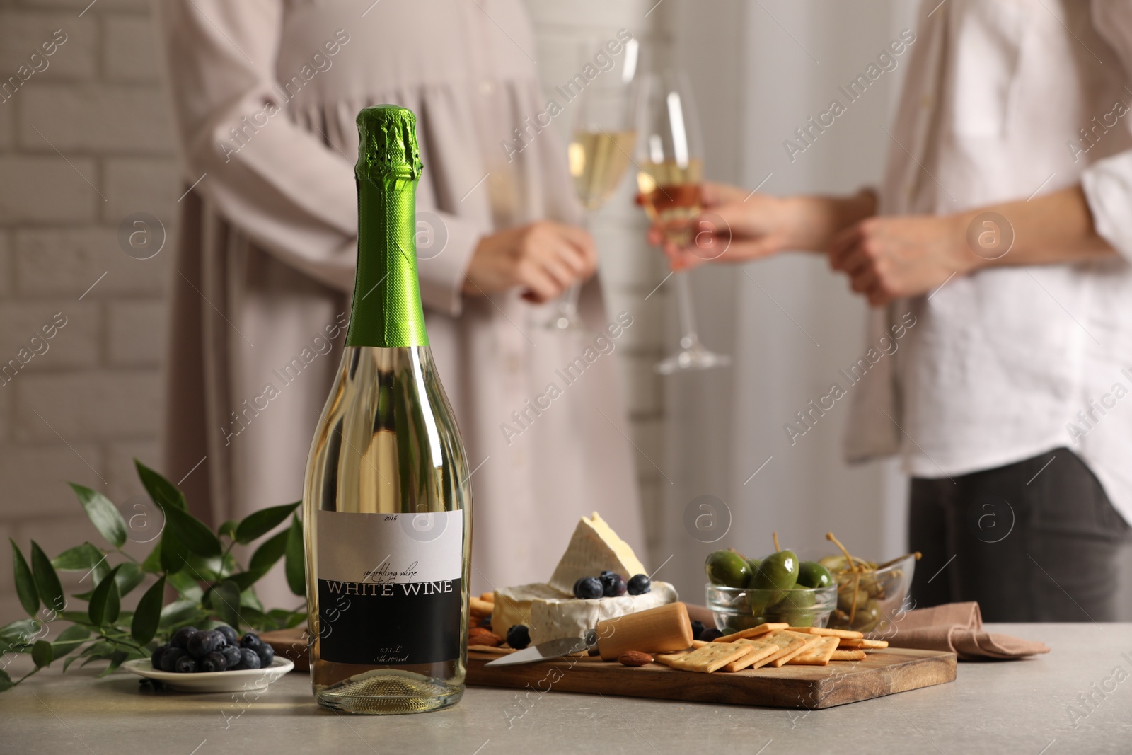 Photo of Women clinking glasses indoors, focus on table with bottle of wine and different snacks. Space for text