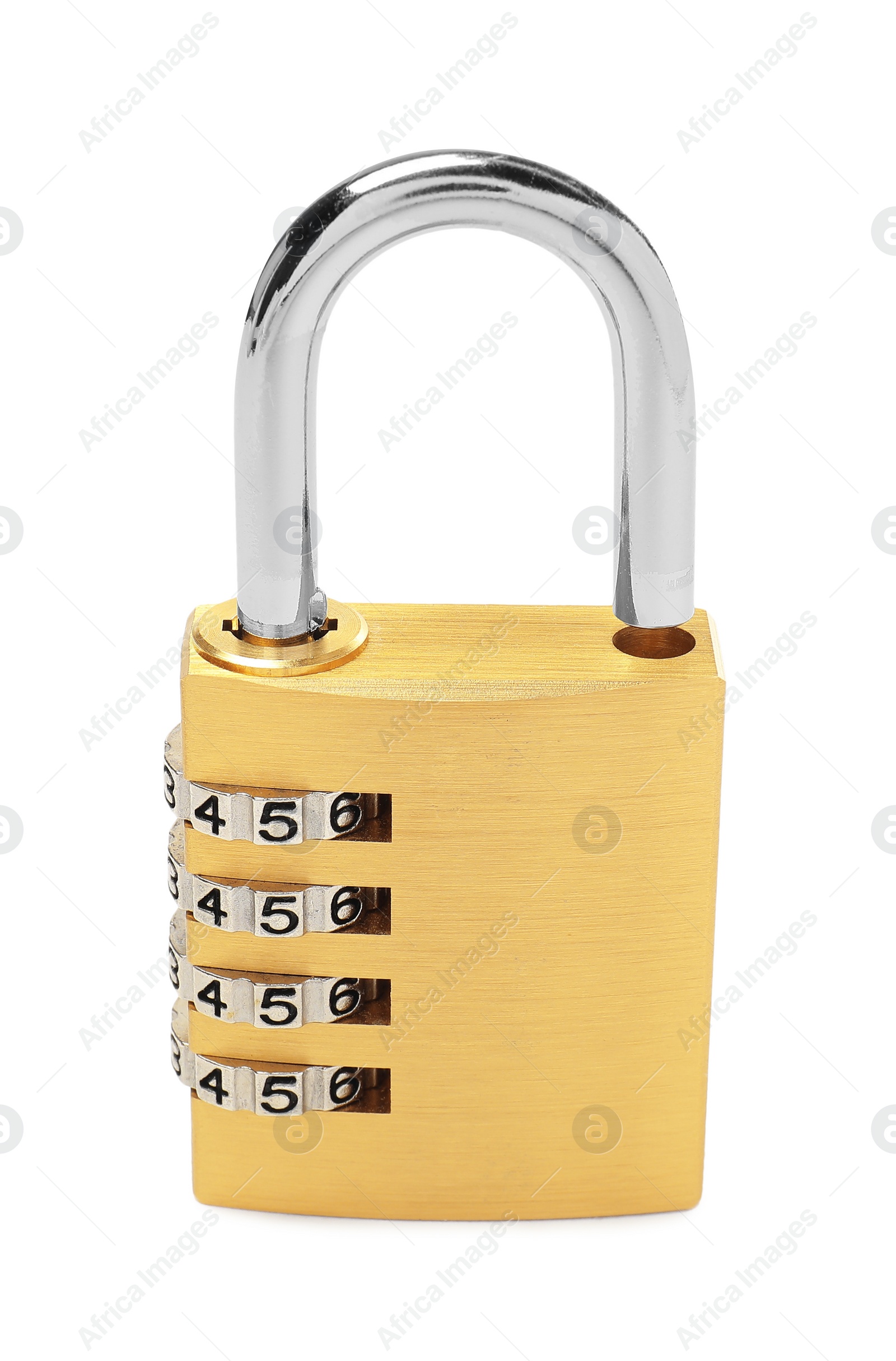 Photo of Unlocked steel combination padlock isolated on white