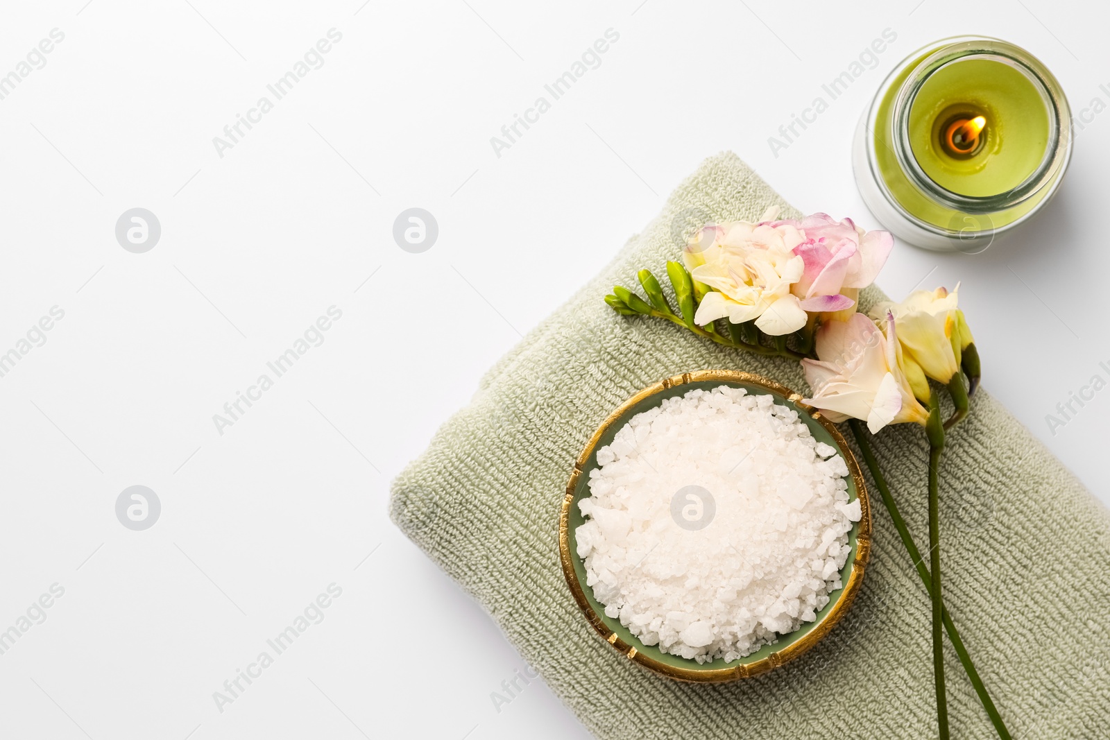 Photo of Flat lay composition with different spa products on white background. Space for text