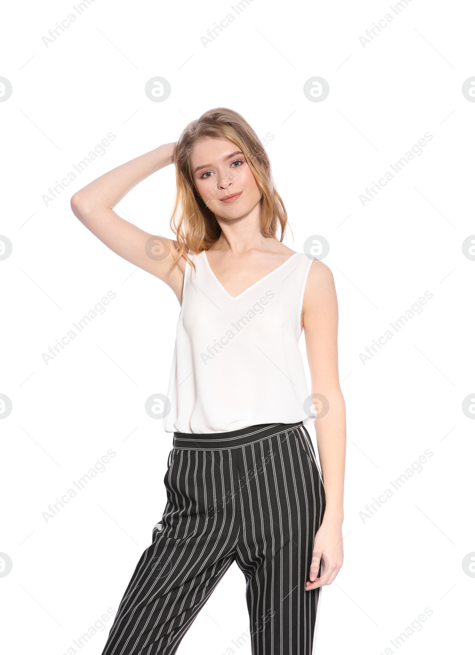 Photo of Portrait of beautiful young woman on white background