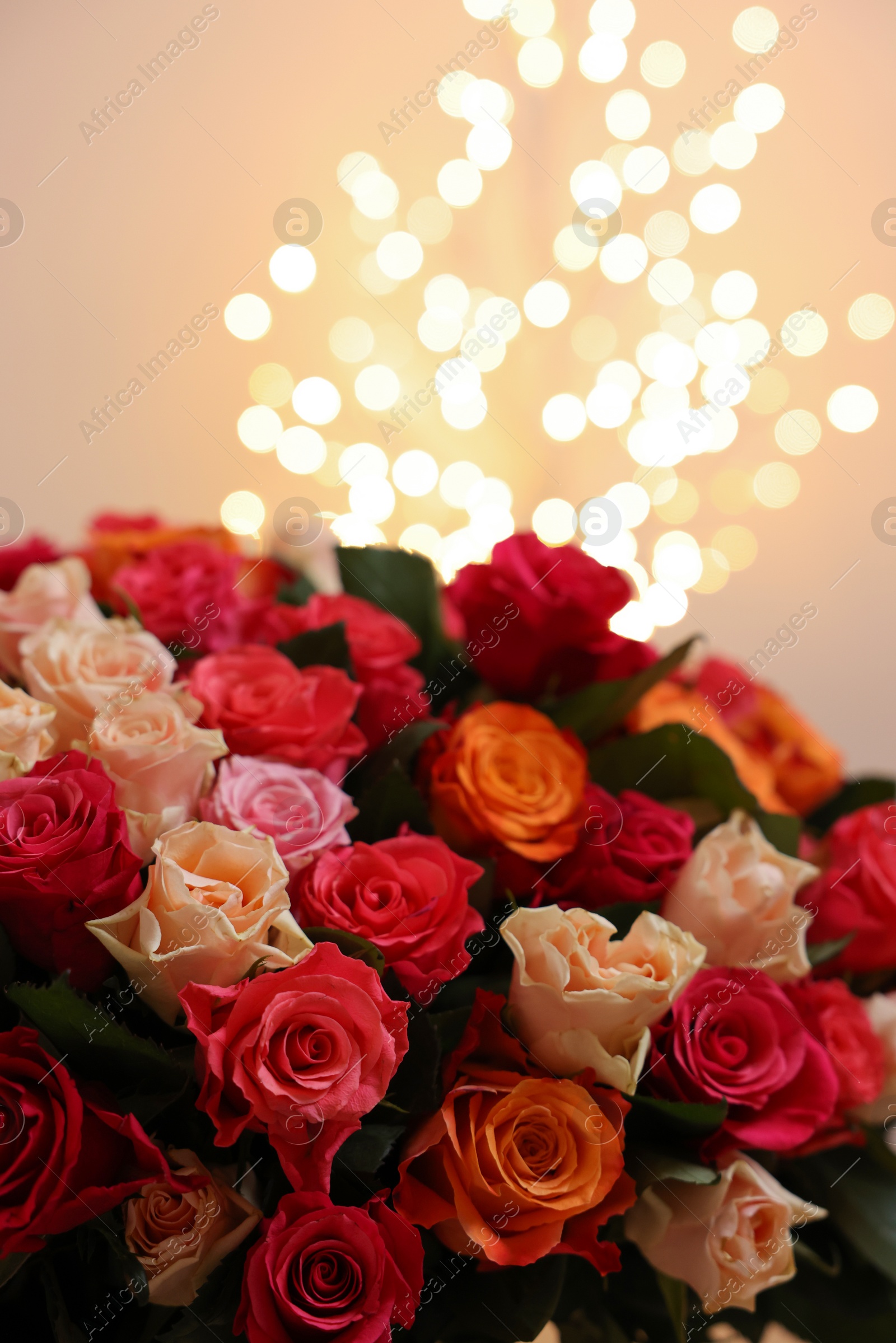 Photo of Beautiful bouquet of colorful roses on beige background, closeup