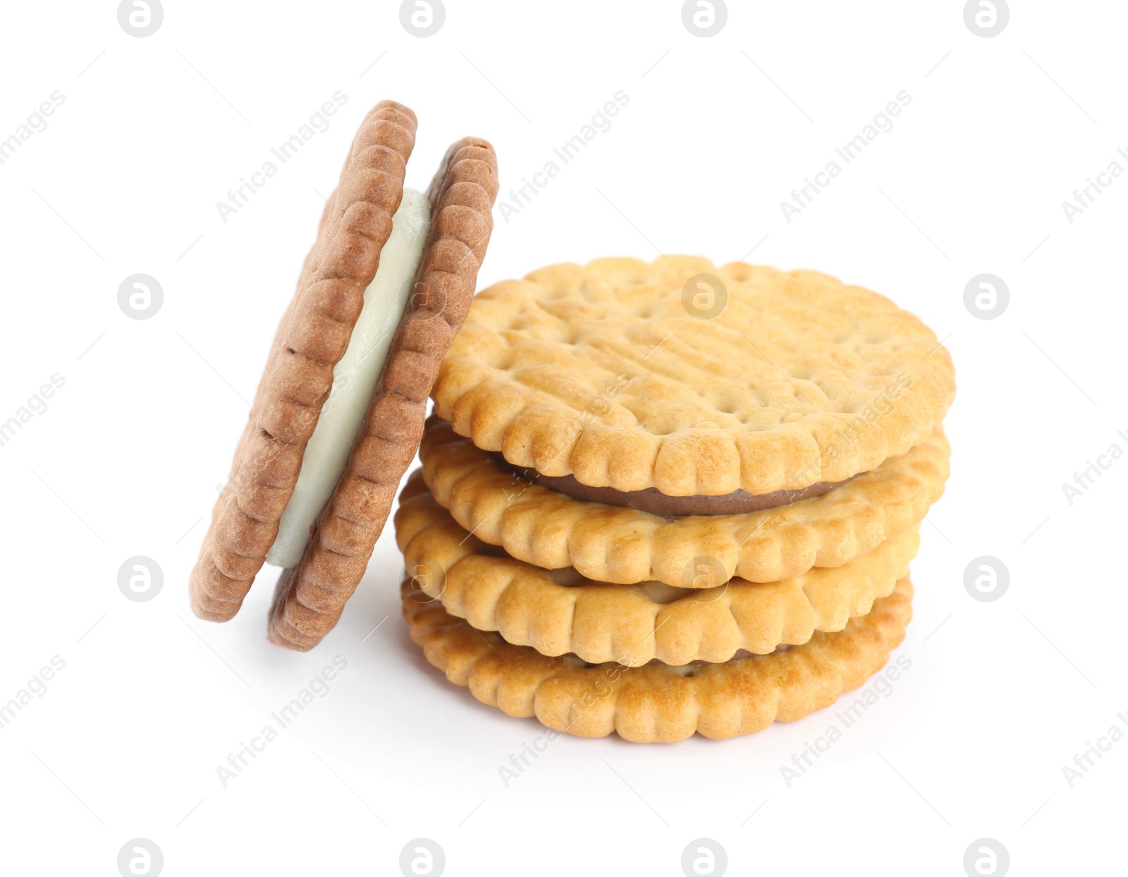 Photo of Different tasty sandwich cookies on white background