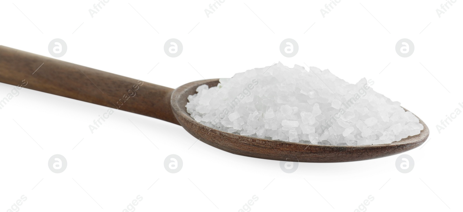 Photo of Natural salt in wooden spoon isolated on white