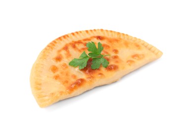 Photo of Delicious fried cheburek with cheese and parsley isolated on white